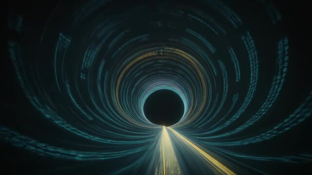 Abstract Digital Tunnel of Swirling Blue and Yellow Light Streaks with Binary Code Patterns in Darkness