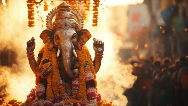 Golden Elephant Idol: A radiant golden elephant idol, adorned with vibrant floral garlands, stands as the centerpiece of a religious procession.