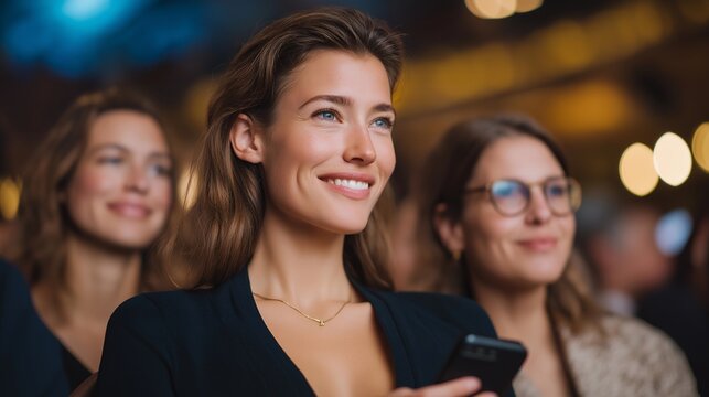 Group of volunteers managing digital bids at charity gala with joyful expressions — representing technology and compassion in harmony, human connection, and modern charity culture. cinematic color