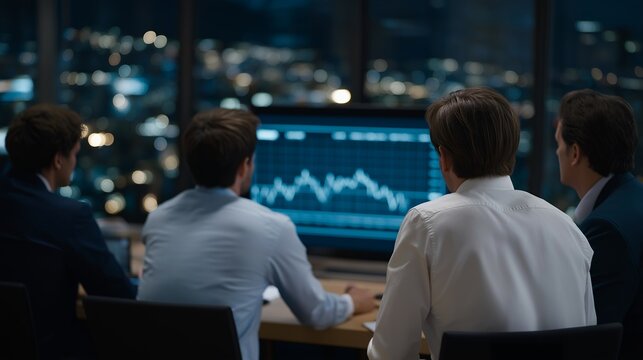 Corporate team gathered in sleek office setting, watching live NFT auction on massive digital screen, their faces illuminated by animated crypto graphics — representing digital investment trends,