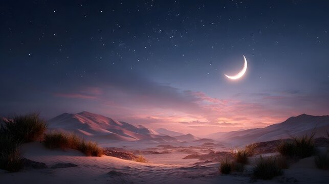 Expansive desert dunes bathed in the soft hues of twilight illuminated by a bright crescent moon and a vast canopy of stars overhead