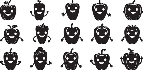 Cute bell pepper cartoon characters with smiling faces and arms silhouette vector illustration set