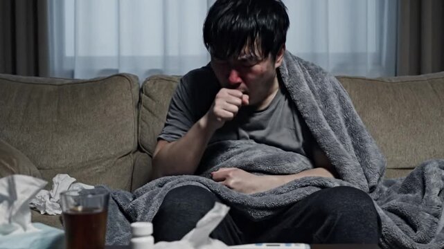 A young man with the flu is coughing terribly on the sofa at home.