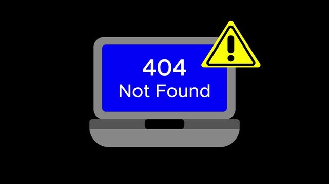 404 Error Page Not Found on Laptop Screen Concept Animation Video on Transparent background.