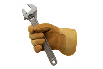 Hand in work glove holding adjustable wrench, symbolizing repair, construction, maintenance, and skilled labor on transparent background
