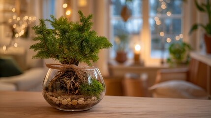 A living Christmas tree with visible roots enclosed in a glass pot symbolizes renewal, growth, and the connection between nature and human tradition. This modern take on holiday decor promotes