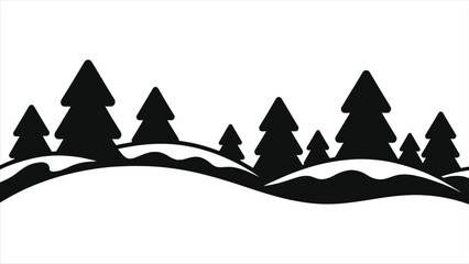 Minimalist winter forest vector illustration with black silhouette pine trees and snowy hills, simple seasonal landscape design for Christmas backgrounds, greeting cards, and holiday decorations.