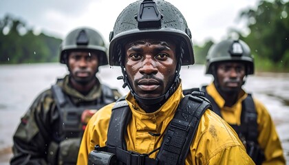 Fototapeta premium Three soldiers in rain gear stand near water, wearing helmets and tactical gear. Forest background