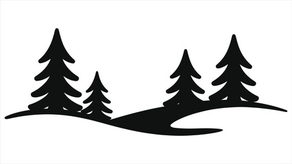 Obraz premium Minimal winter landscape vector illustration with black silhouette pine trees on snowy hills, simple forest scene design ideal for Christmas backgrounds, seasonal cards, and holiday decorations.