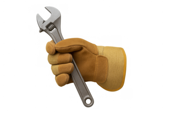 Hand in work glove holding adjustable wrench, symbolizing repair, construction, maintenance, and skilled labor on transparent background