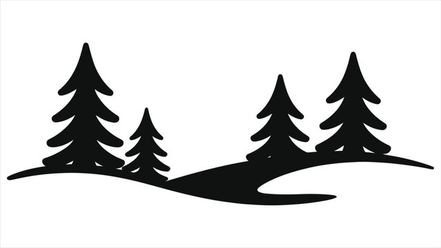 Minimal winter landscape vector illustration with black silhouette pine trees on snowy hills, simple forest scene design ideal for Christmas backgrounds, seasonal cards, and holiday decorations.