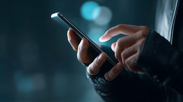 Detailed view of a person s hands using a modern smartphone the screen emitting a bright glow against a softly blurred dark background featuring bokeh lights - Powered by Adobe