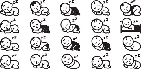 Cute sleeping baby icons set with swaddle, crib and different sleeping positions vector illustration