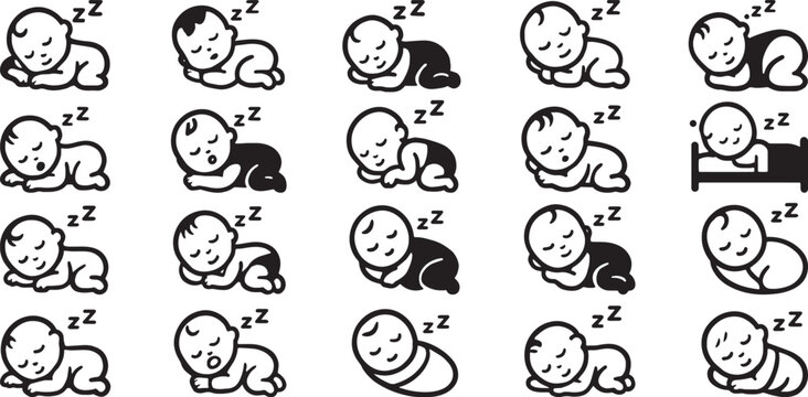 Cute sleeping baby icons set with swaddle, crib and different sleeping positions vector illustration