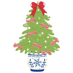 Blue Porcelain Potted Christmas Tree | Delft Blue Christmas Tree | Blue Porcelain Holiday Decor Vector