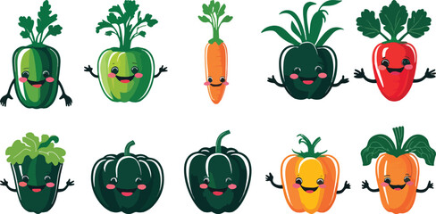 Cute cartoon vegetables with happy faces and arms including pepper and carrot vector illustration set