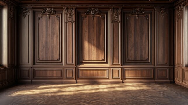 Classic interior empty room with wooden wall panels and sunlight shining through window