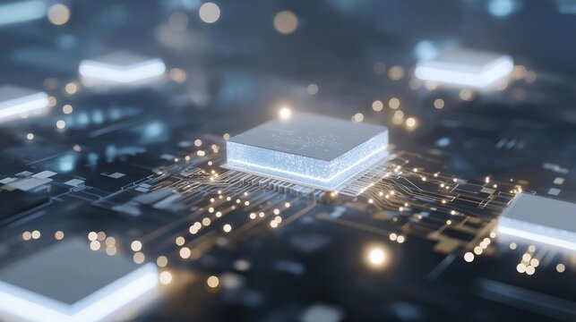 AI-powered neural network processors visualized as glowing circuits in 3D space, floating holographically above a high-tech lab desk, emphasizing next-gen AI chip design, deep learning hardware,