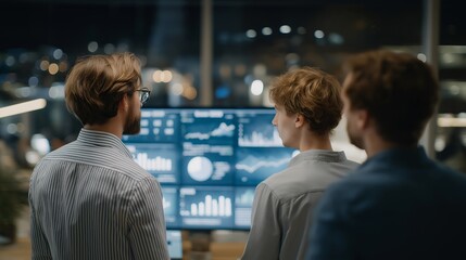 Wide shot of team reviewing A/B test outcomes in a futuristic office with holographic charts and predictive insights, symbolizing immersive marketing analytics, evidence-based decision-making, and