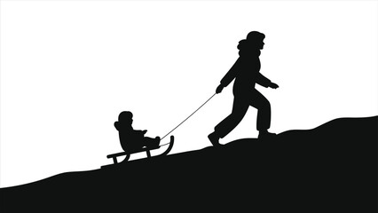 Mother and child sledding silhouette. Vector illustration of a parent pulling a kid on a sledge up a winter hill. Black and white icon for family fun and recreation.