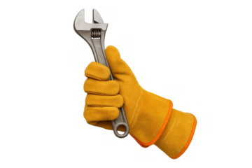 Hand wearing a working glove gripping an adjustable wrench, representing repair, mechanics, diy, craftsmanship, and skilled labor. Transparent background