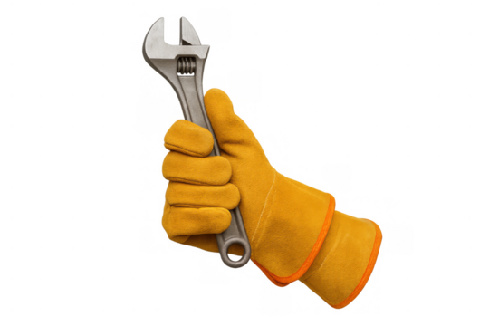Hand wearing a working glove gripping an adjustable wrench, representing repair, mechanics, diy, craftsmanship, and skilled labor. Transparent background - Powered by Adobe