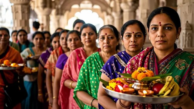A procession of Hindu women carrying offerings during a religious festival in a temple setting, dressed in vibrant saris with floral decorations, showcasing cultural traditions and devotion.