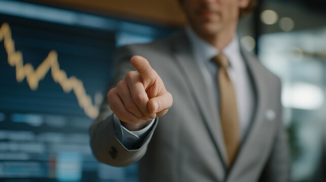 Close-up of director pointing to declining data graph on holographic display — representing real-time leadership, crisis communication, executive problem-solving, and the emotional strain of