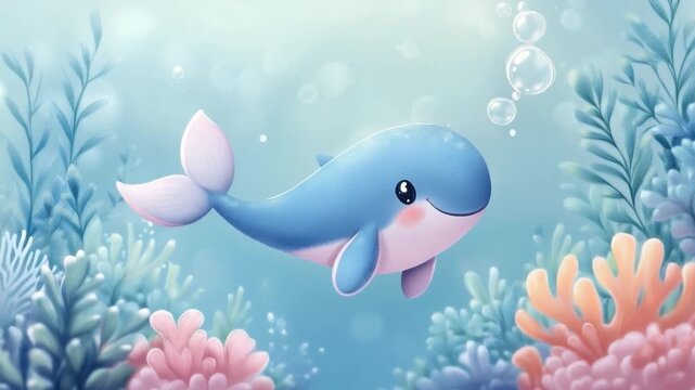 Joyful Sea Symphony: A charming illustration showcases a playful whale gliding through a vibrant underwater world, surrounded by whimsical coral and bubbles, all bathed in soft, serene light.