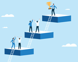 Business team climbing ladder to success and achievement. Leadership concept with people reaching trophy on podium.