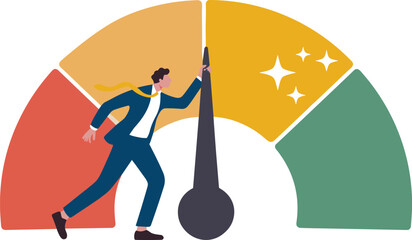 Business Performance Improvement and Success Growth Concept. Man Increasing Productivity on Progress Gauge Meter.