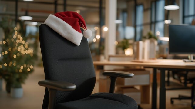 Santa hat placed on an ergonomic office chair in a sleek, modern workspace with a glowing computer monitor and warm festive lights in the background — concept of remote work during holidays,