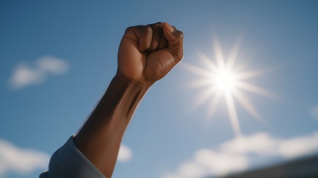 Silhouette of raised arm backlit by sun rays — symbolizing empowerment, optimism, achieving goals, and motivational imagery for wellness and personal development content. cinematic color