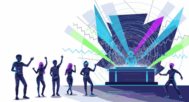 A group of silhouetted people dancing joyfully in front of a vibrant, abstract DJ stage with colorful lights and sound waves.