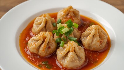 Dumpling Delights in a Tangy Sauce, Garnished with Fresh Scallions on a White Plate.