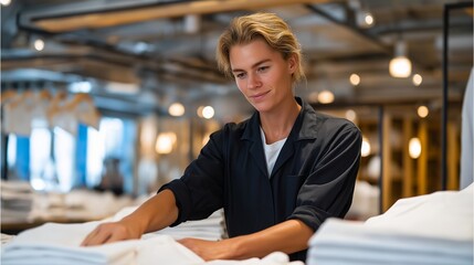 Employee neatly folding crisp, freshly cleaned white shirts in a spotless dry-cleaning workshop with industrial lighting and hanging racks — strong visual narrative of organization, cleanliness,