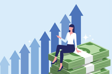 Business Growth and Financial Success Concept Illustration. Businesswoman on Money Stack with Growth Arrows.