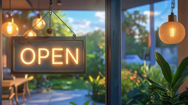 明るい陽射しとガラスの反射に映えるお店のOPEN看板が彩るテラスカフェの入口風景