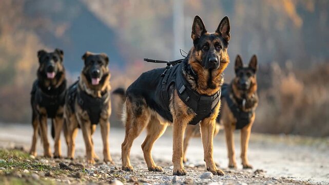 厳しい環境下で任務に臨む戦術装備の警備犬ジャーマンシェパードの力強い視線