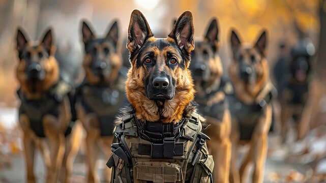 戦術装備を身につけたジャーマンシェパードが隊列を率いる勇敢な警備犬の姿
