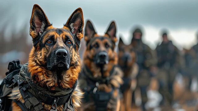 ジャーマンシェパードが戦術装備で任務に挑む警備犬チームの統率された姿