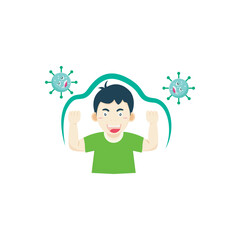 Strong Immunity kid illustration. Child flexing with virus or shield motifs, symbolizes immune strength and health protection.