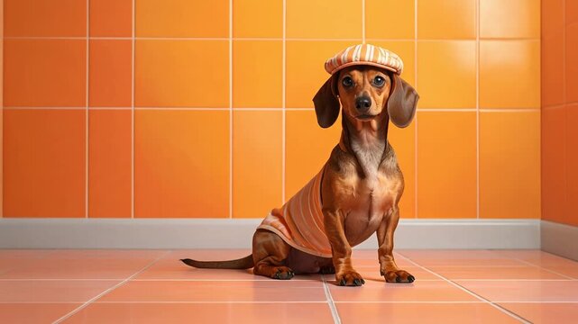 帽子をかぶったファッショナブルな犬がおしゃれな背景の前で見せる凛とした表情