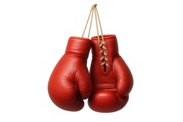 Red boxing gloves hanging with laces, symbolizing sport, fight, challenge, strength, knockout and power on transparent background
