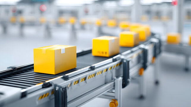 Automated yellow packages are transported on a continuous conveyor belt system within a bright modern industrial warehouse highlighting efficient logistics and supply chain ope ns
