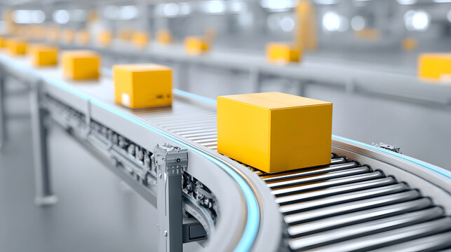 Automated conveyor system transporting yellow packages through a bright modern industrial facility emphasizing efficiency and logistics