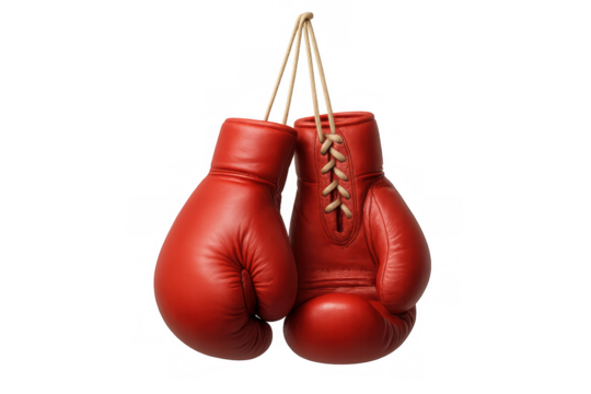Red boxing gloves hanging with laces, symbolizing sport, fight, challenge, strength, knockout and power on transparent background