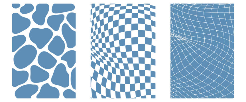 Blue Organic Shapes and Distorted Grids on White Background abstract pattern
