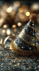Festive New Year party hat on a sparkling surface