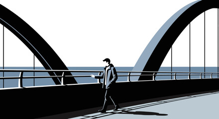 Stylized illustration of a man walking on a bridge enjoying the scenery and ambiance